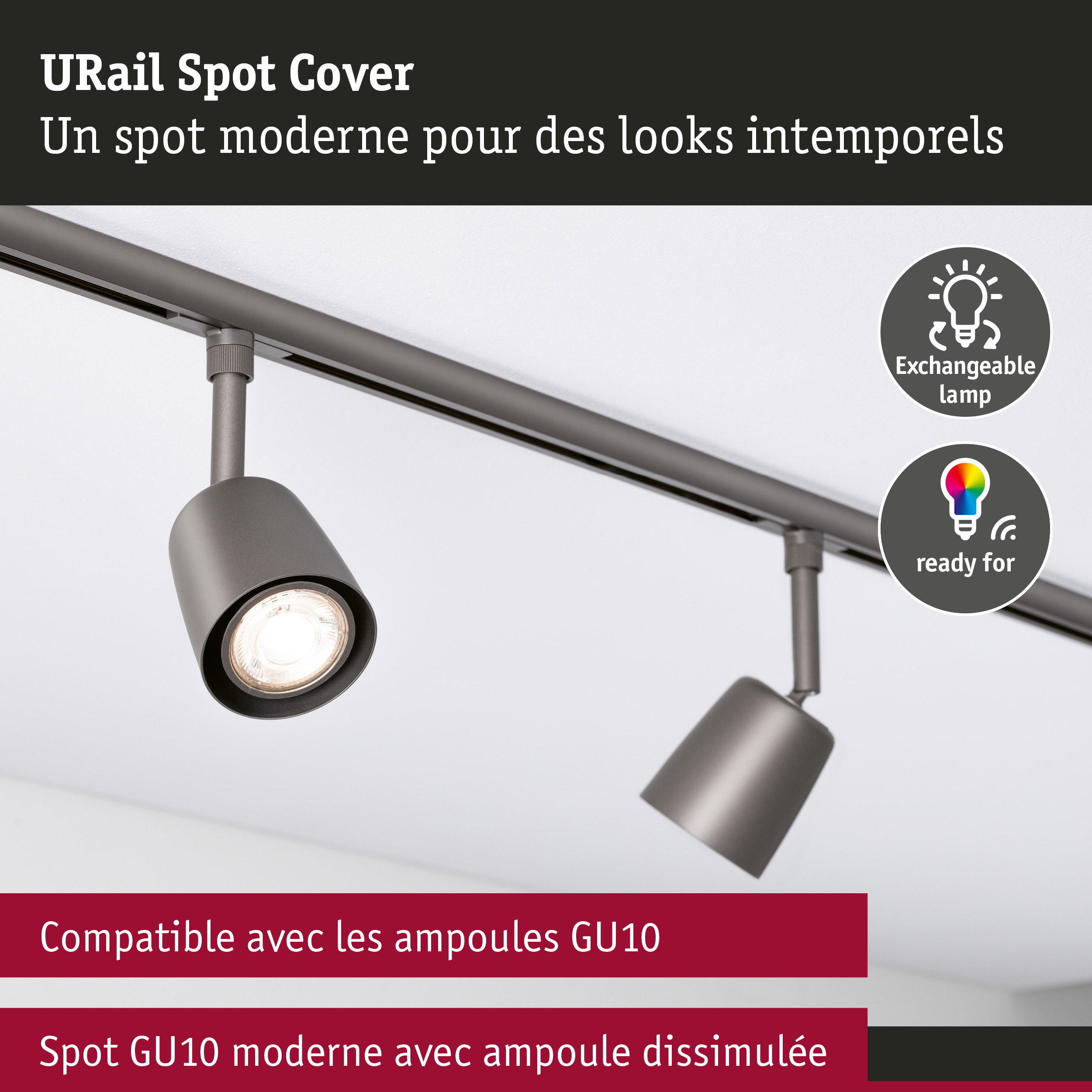 URail Spot sur rail Cover Spot individuel GU10 max. 10W gradable 230V Titanium