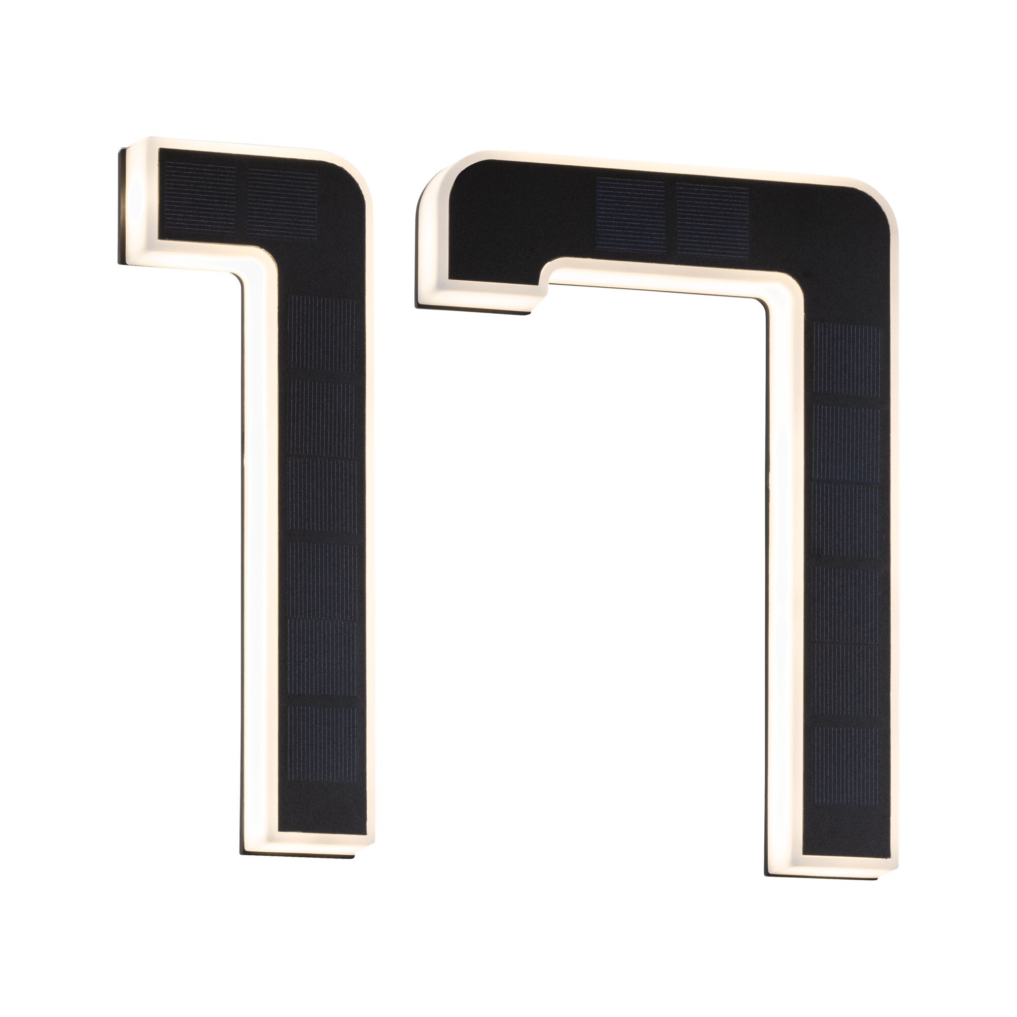 Modern black LED wall light with integrated solar panel and warm white light for energy-saving illumination.