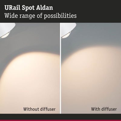 URail Spot Aldan LED spotlight showing light effect with and without diffuser for versatile lighting