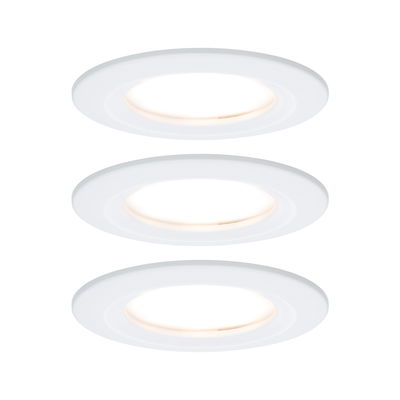 Three white LED recessed lights with warm white light for energy-efficient room lighting