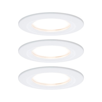 Three white LED recessed lights with warm white light for energy-efficient room lighting