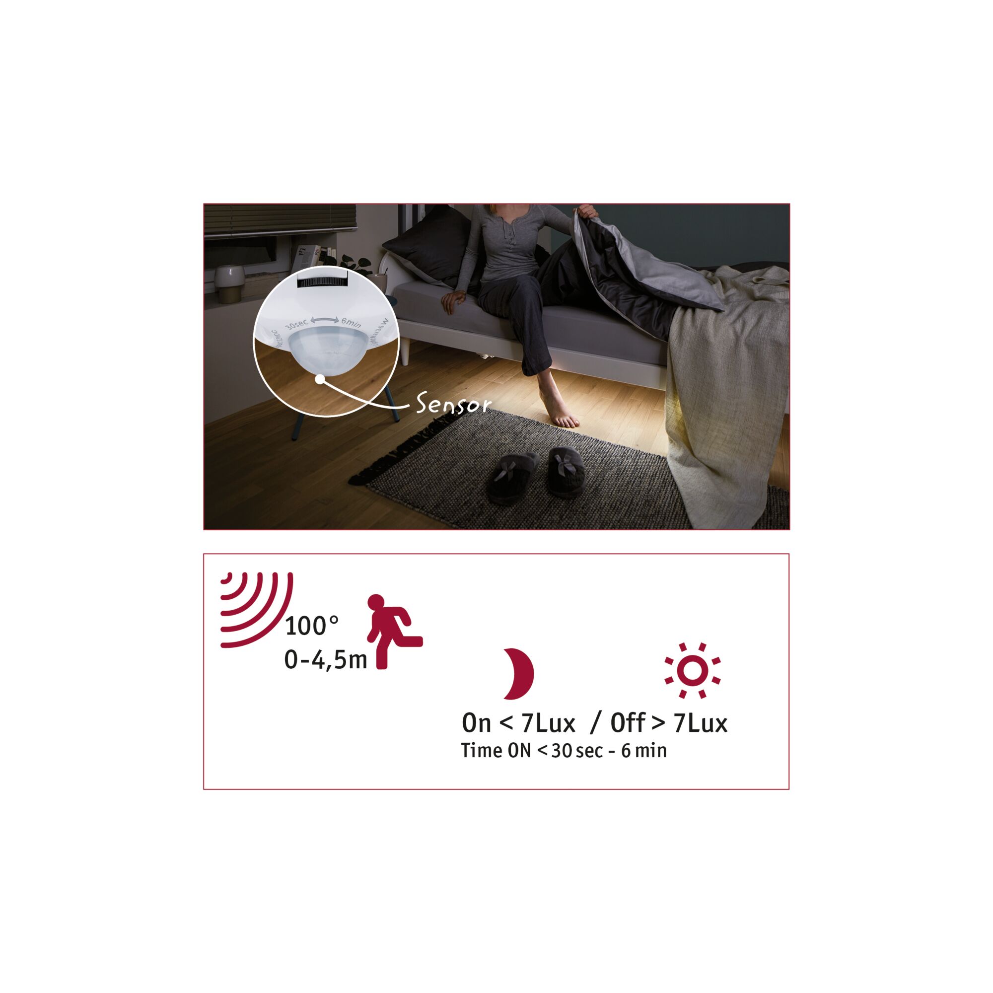 Bewegingssensor met 100° detectiehoek en 4,5 m bereik voor slaapkamerverlichting en energiebesparing.