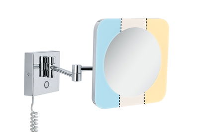 Wall mirror with chrome metal arm and square frame in blue, white, and yellow for bathroom lighting