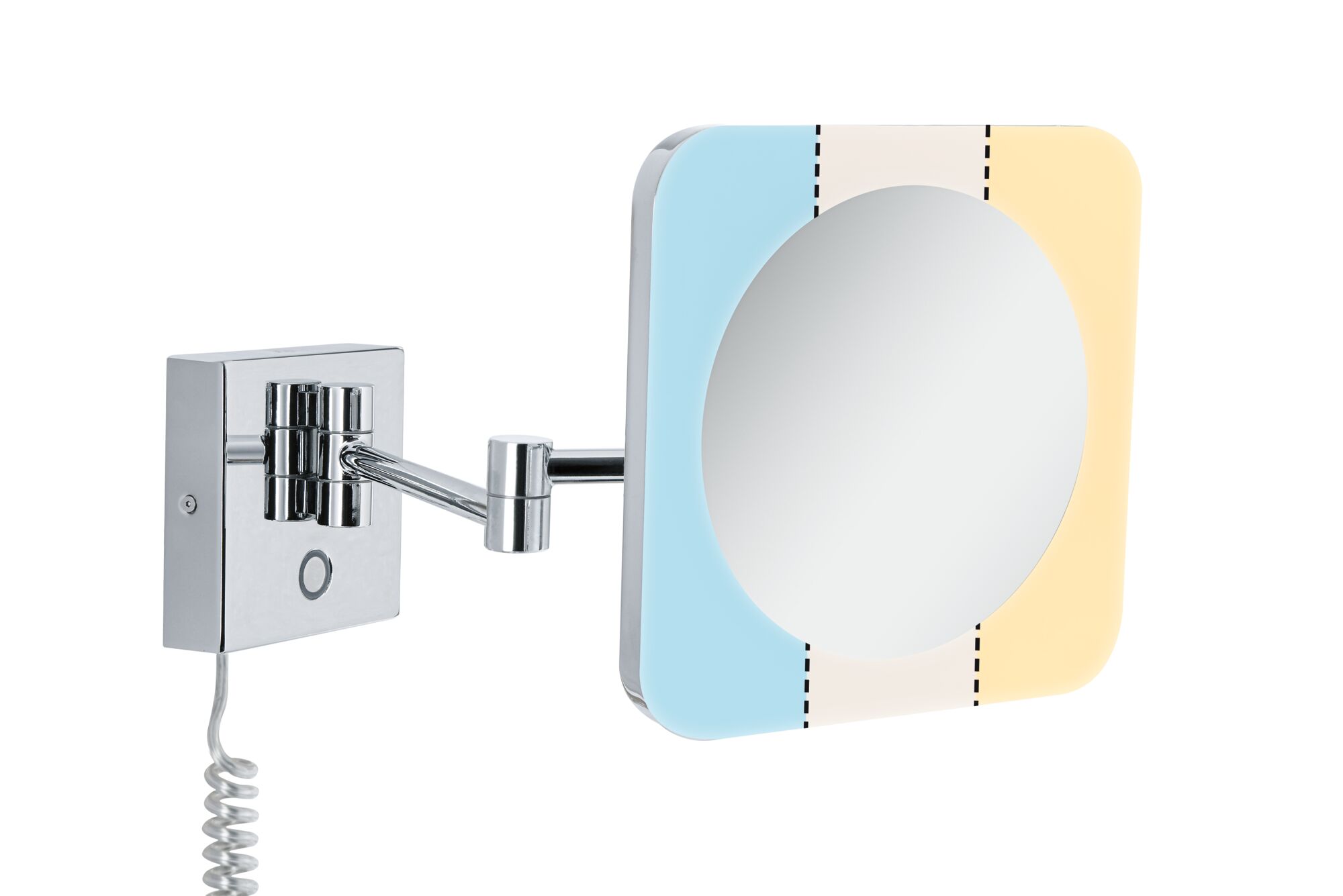 Wandgemonteerde cosmetische spiegel met verchroomde metalen arm en blauw-beige kunststof frame voor badkamer