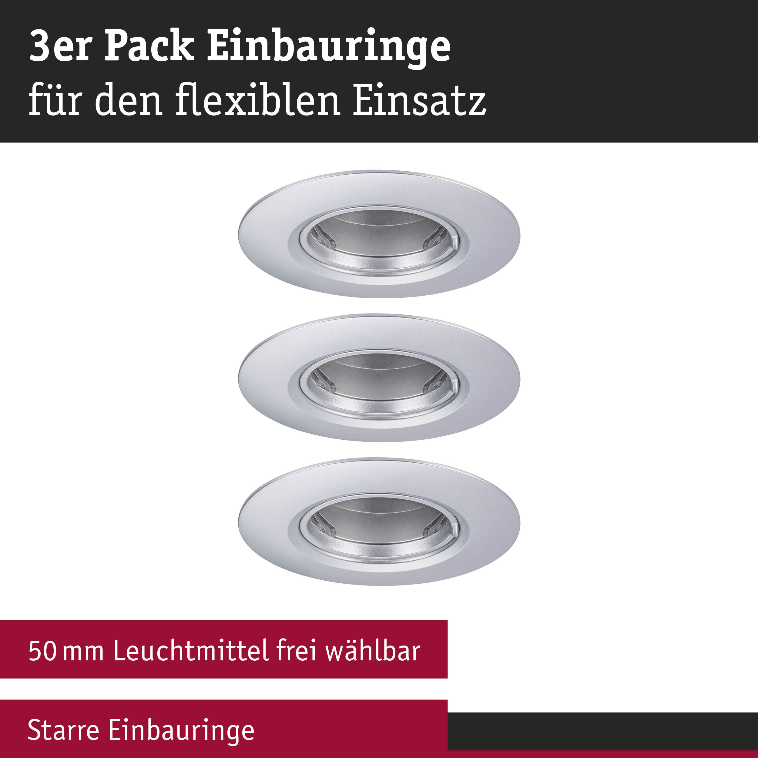 3er Pack Einbauringe aus silbernem Metall für flexible LED-Einbaustrahler mit 50 mm Leuchtmittel