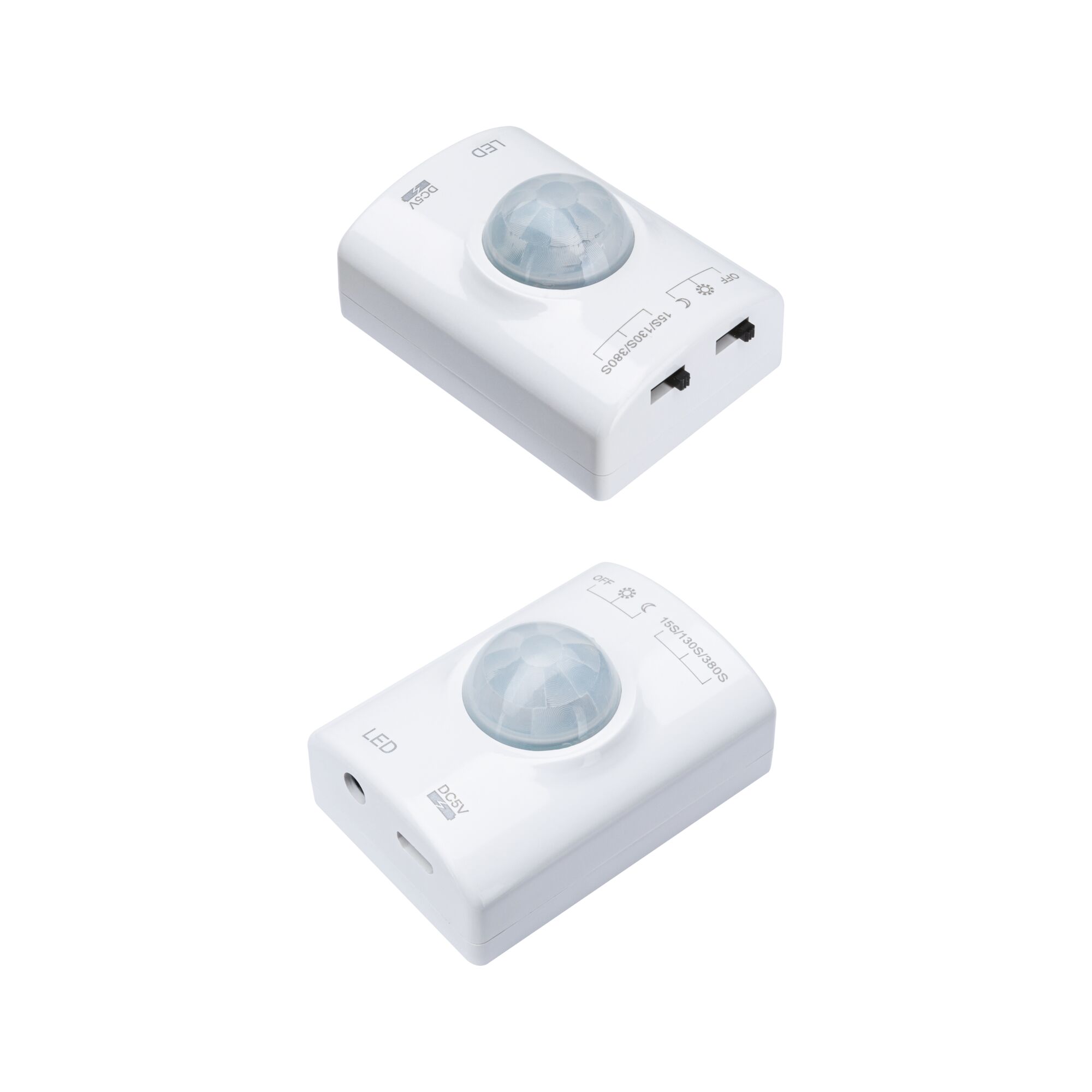 White plastic LED motion sensor with dome lens and switches for light control
