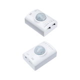 White plastic LED motion sensor with dome lens and switches for light control