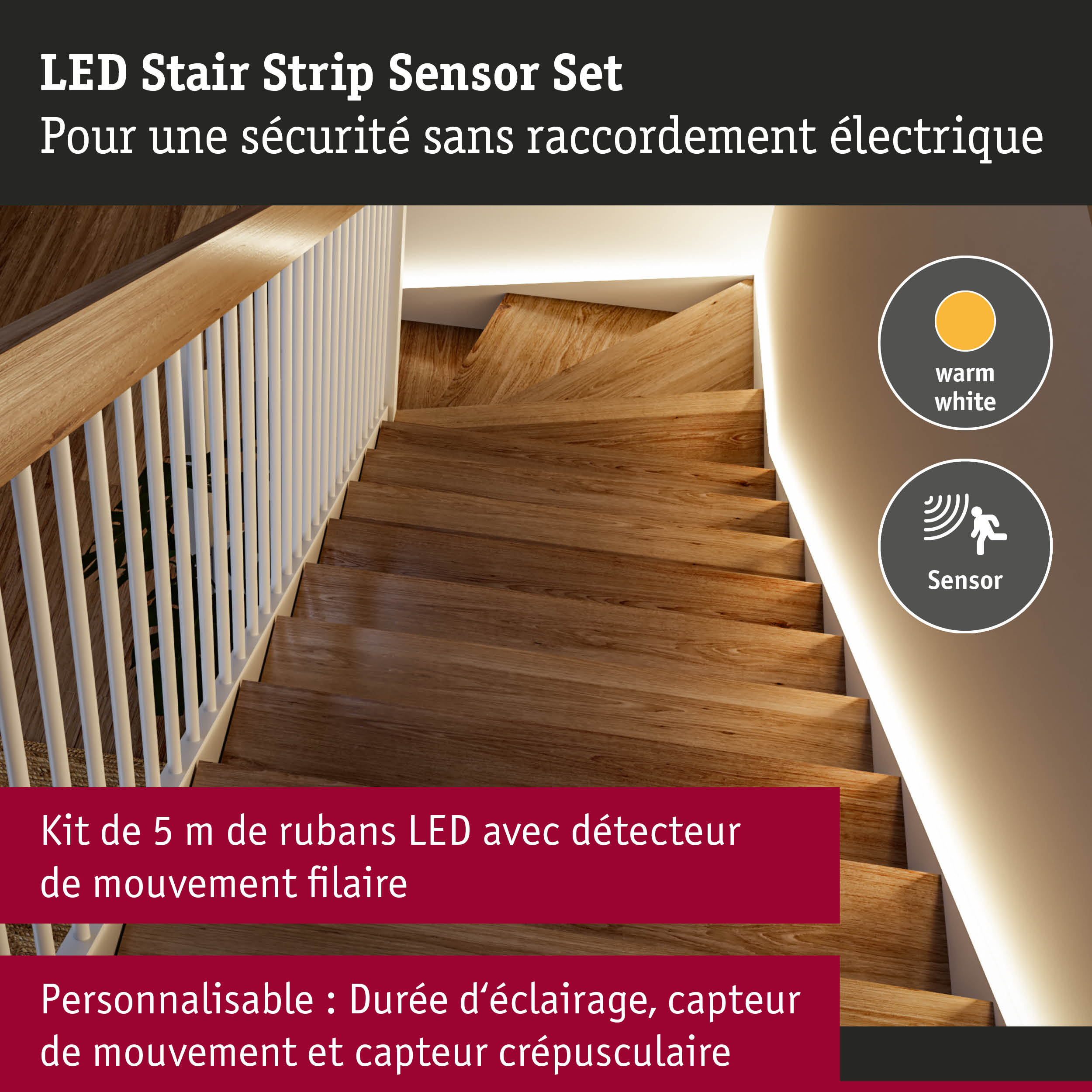 Kit LED pour escaliers avec détecteur de mouvement en lumière blanc chaud sans raccordement électrique