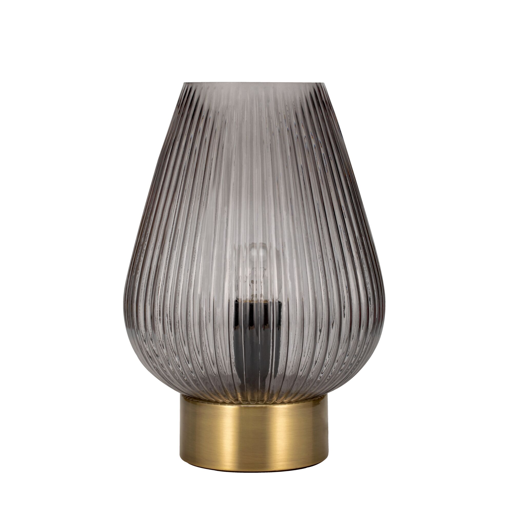 Pauleen Lampe à poser Crystal Gloom E27 max. 40W Verre fumé/Laiton Lampe de table moderne en verre gris cannelé avec base en métal doré pour un éclairage élégant