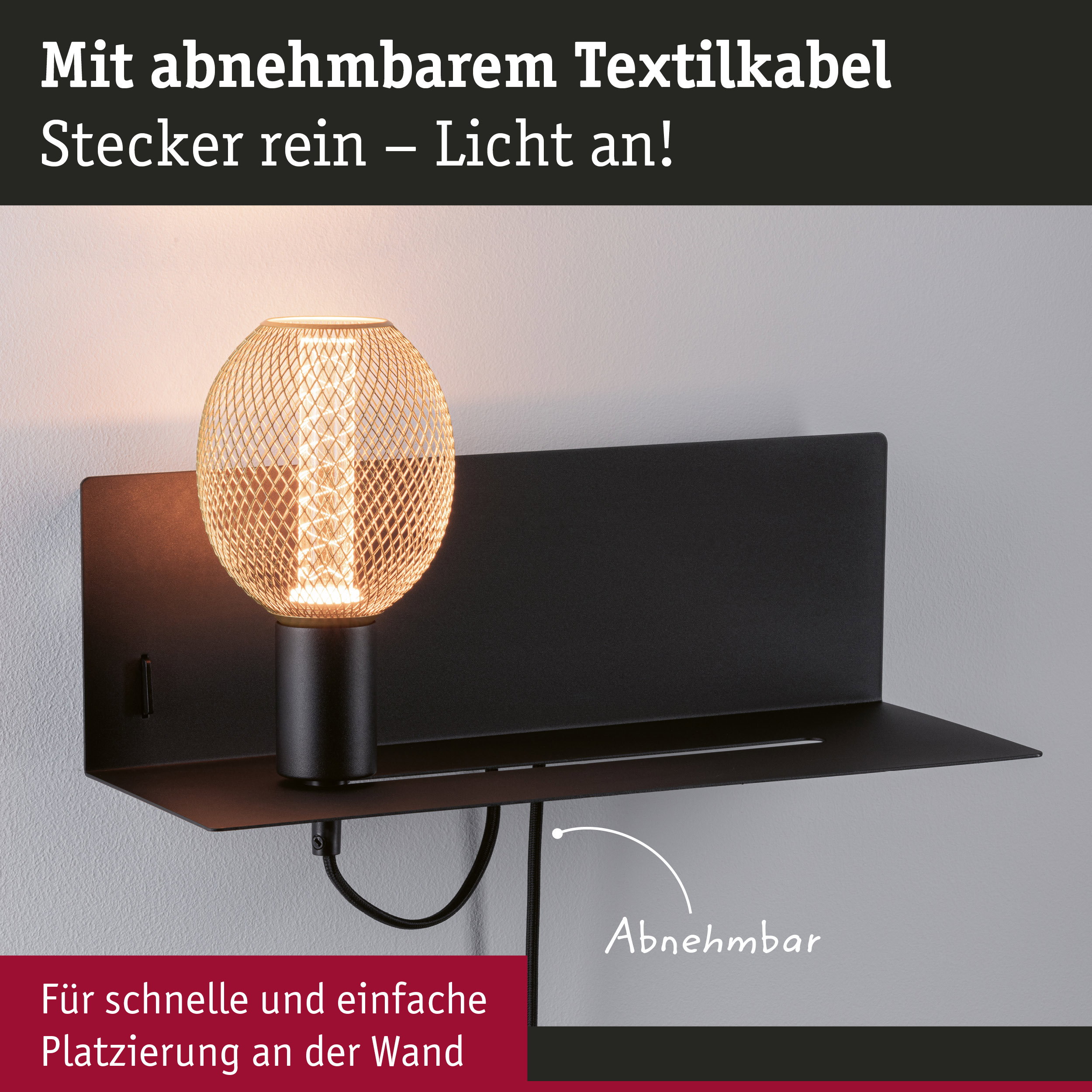 Schwarze Wandlampe mit abnehmbarem Textilkabel und warmweißem LED-Licht für einfache Wandmontage
