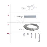 Montageoverzicht met 6 witte LED-kabelspots, 1 zilveren transformator, 10 m stalen kabel en bevestigingsmateriaal