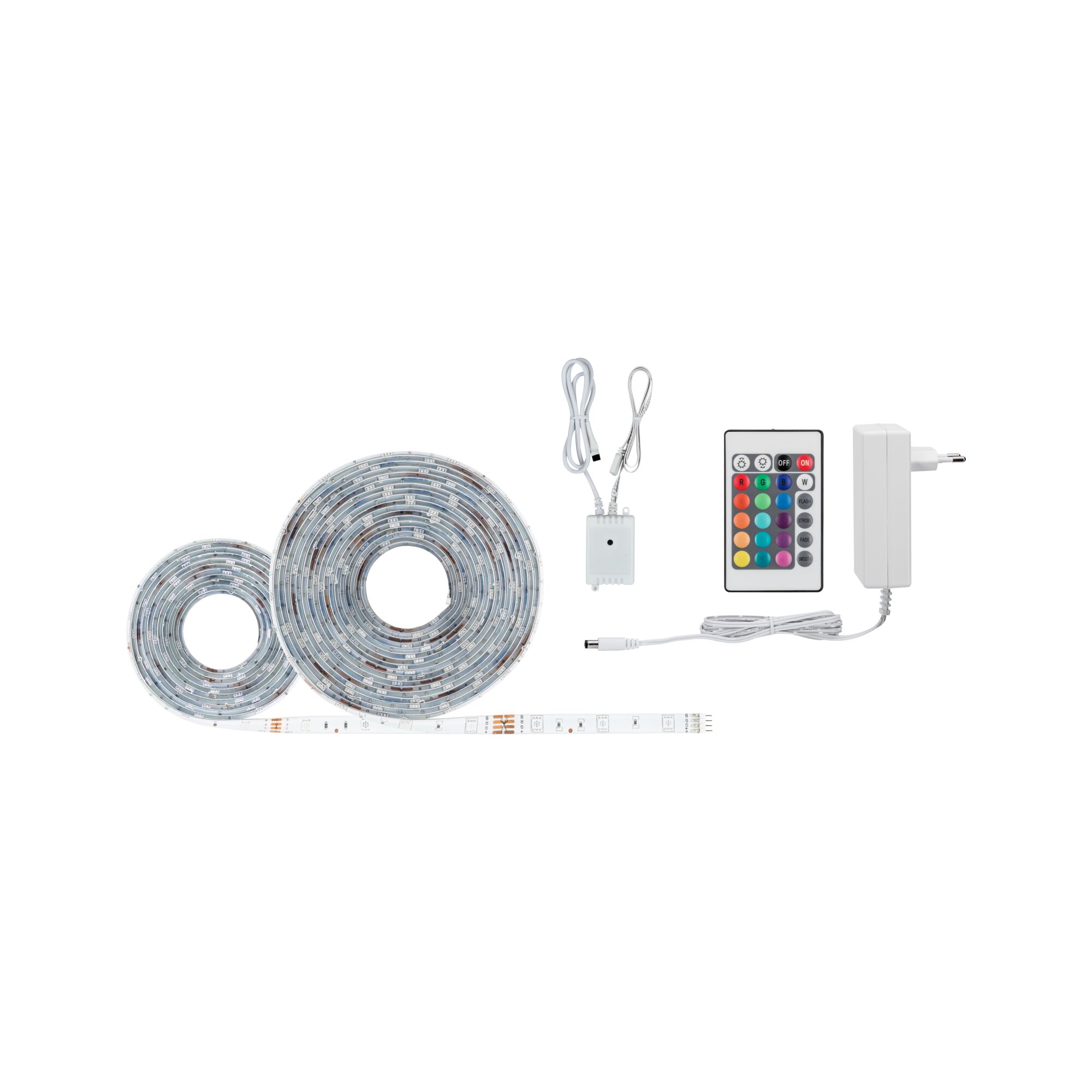 LED strip light set with remote, power adapter and controller in white for flexible color lighting