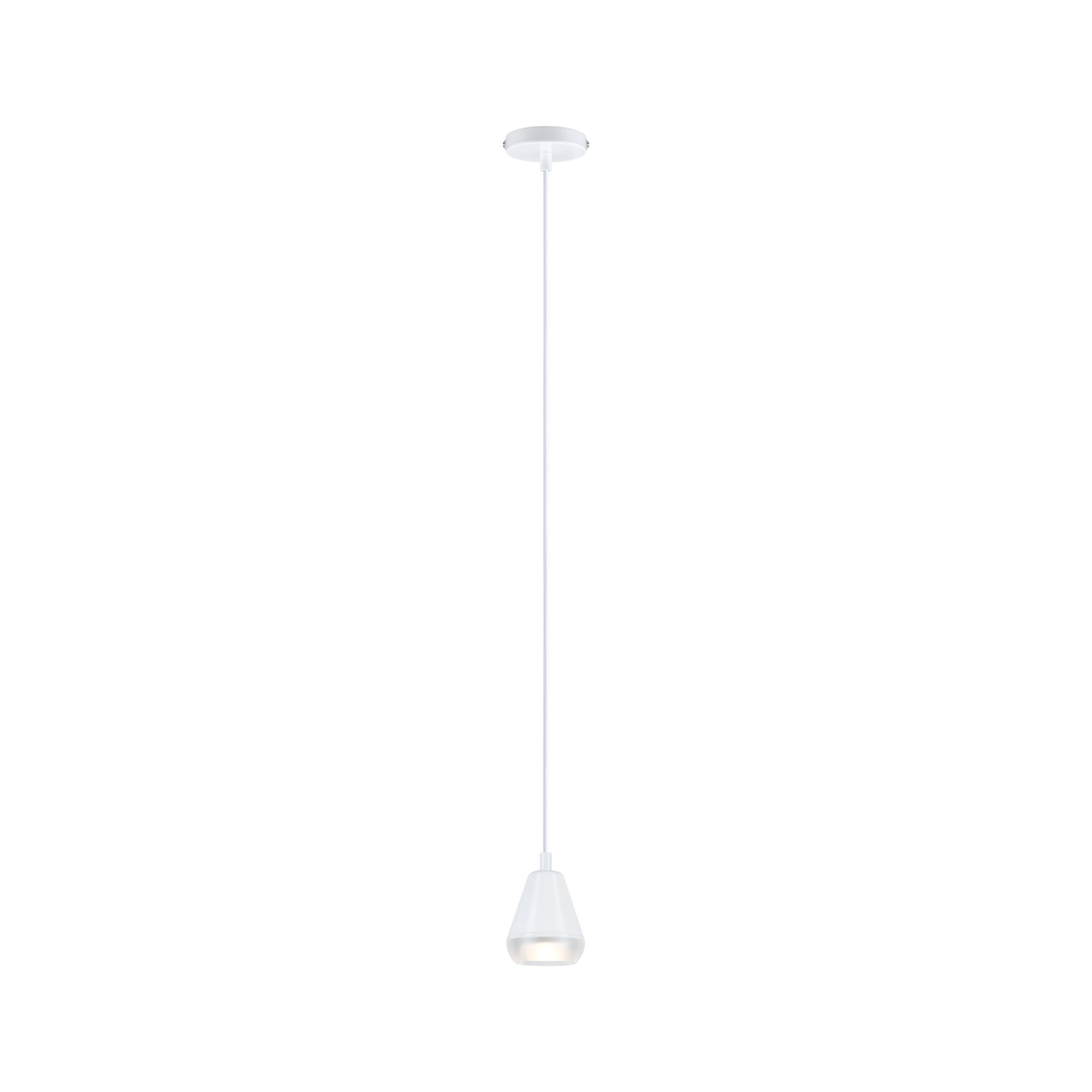 Minimalistische weiße Pendelleuchte aus Metall mit klarer Lichtquelle für moderne Innenräume
