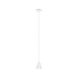 Minimalistische weiße Pendelleuchte aus Metall mit klarer Lichtquelle für moderne Innenräume