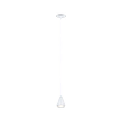 Minimalistische weiße Pendelleuchte aus Metall mit klarer Lichtquelle für moderne Innenräume