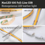 MaxLED 500 COB LED strip with 480 LEDs/m, adhesive backing, cuttable every 5 cm, easy to connect