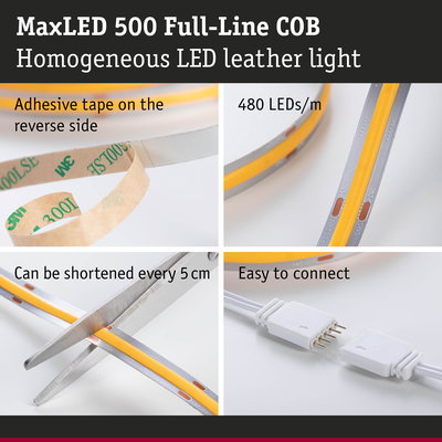 MaxLED 500 COB LED strip with 480 LEDs/m, adhesive backing, cuttable every 5 cm, easy to connect