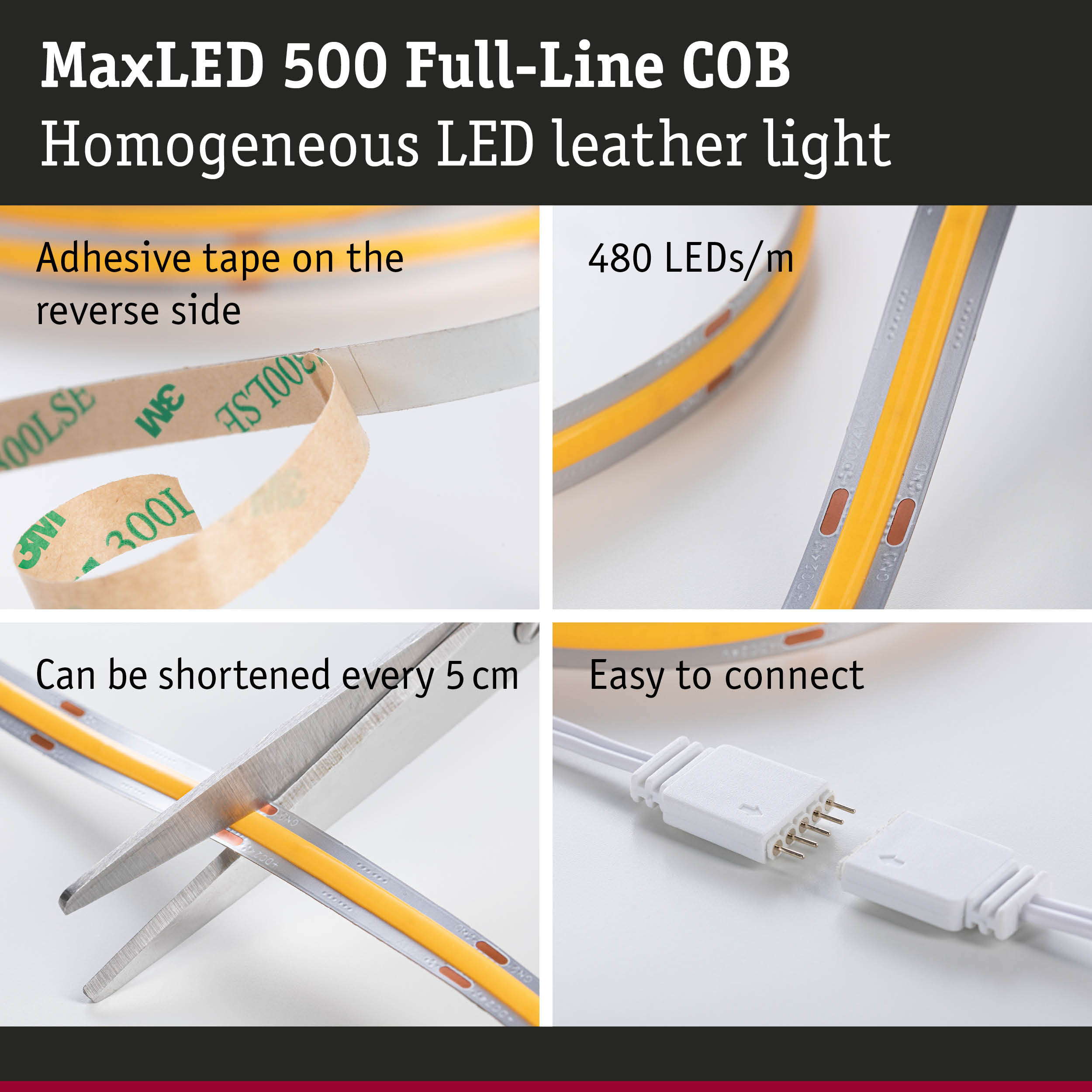 MaxLED 500 COB LED strip with adhesive tape, 480 LEDs per meter, cuttable and easy to connect