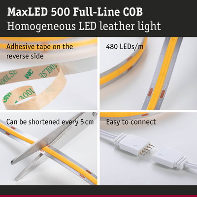 MaxLED 500 COB LED strip with adhesive tape, 480 LEDs per meter, cuttable and easy to connect