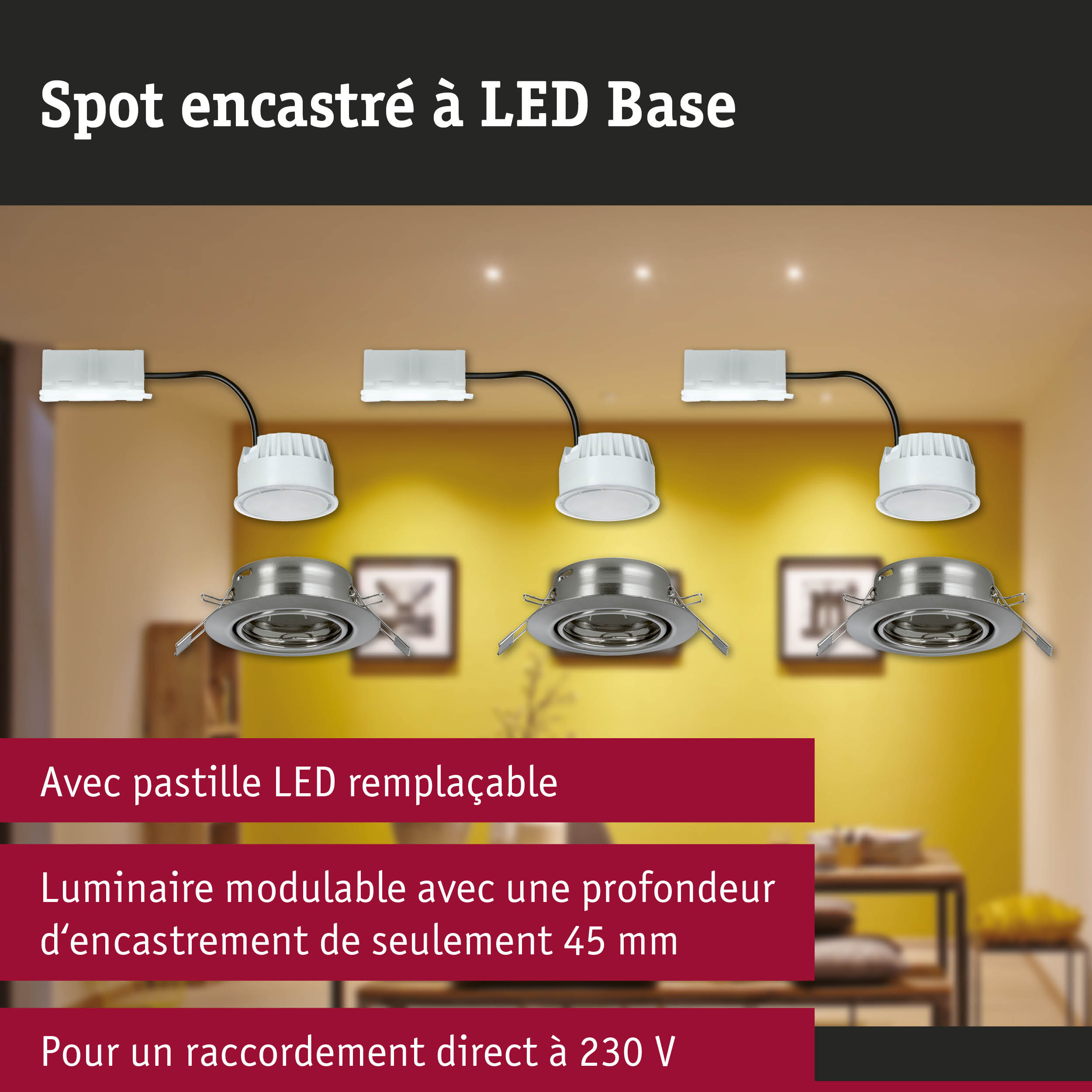 Spot encastré modulable avec LED remplaçable et profondeur d'encastrement de 45 mm en finition argentée