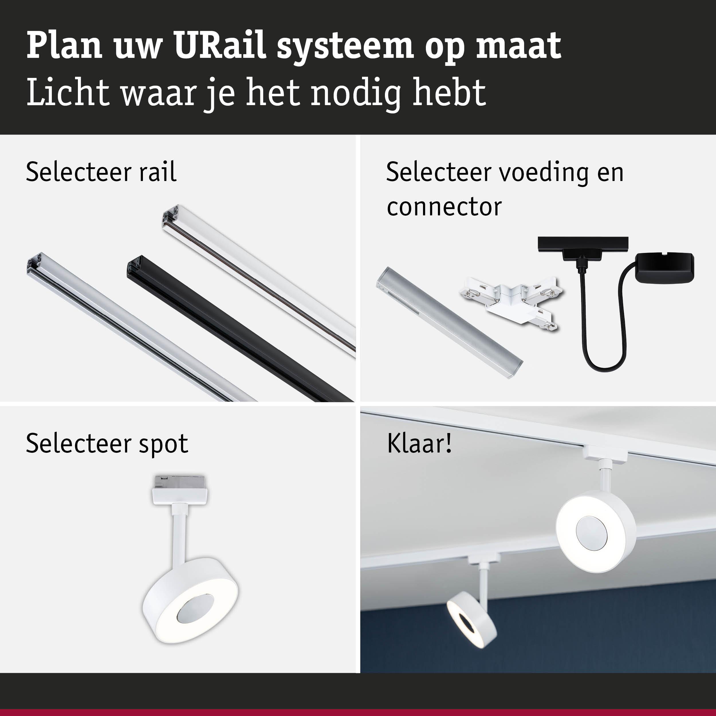 Modulair URail railsysteem met witte en zwarte rails en LED-spotjes voor flexibele verlichting