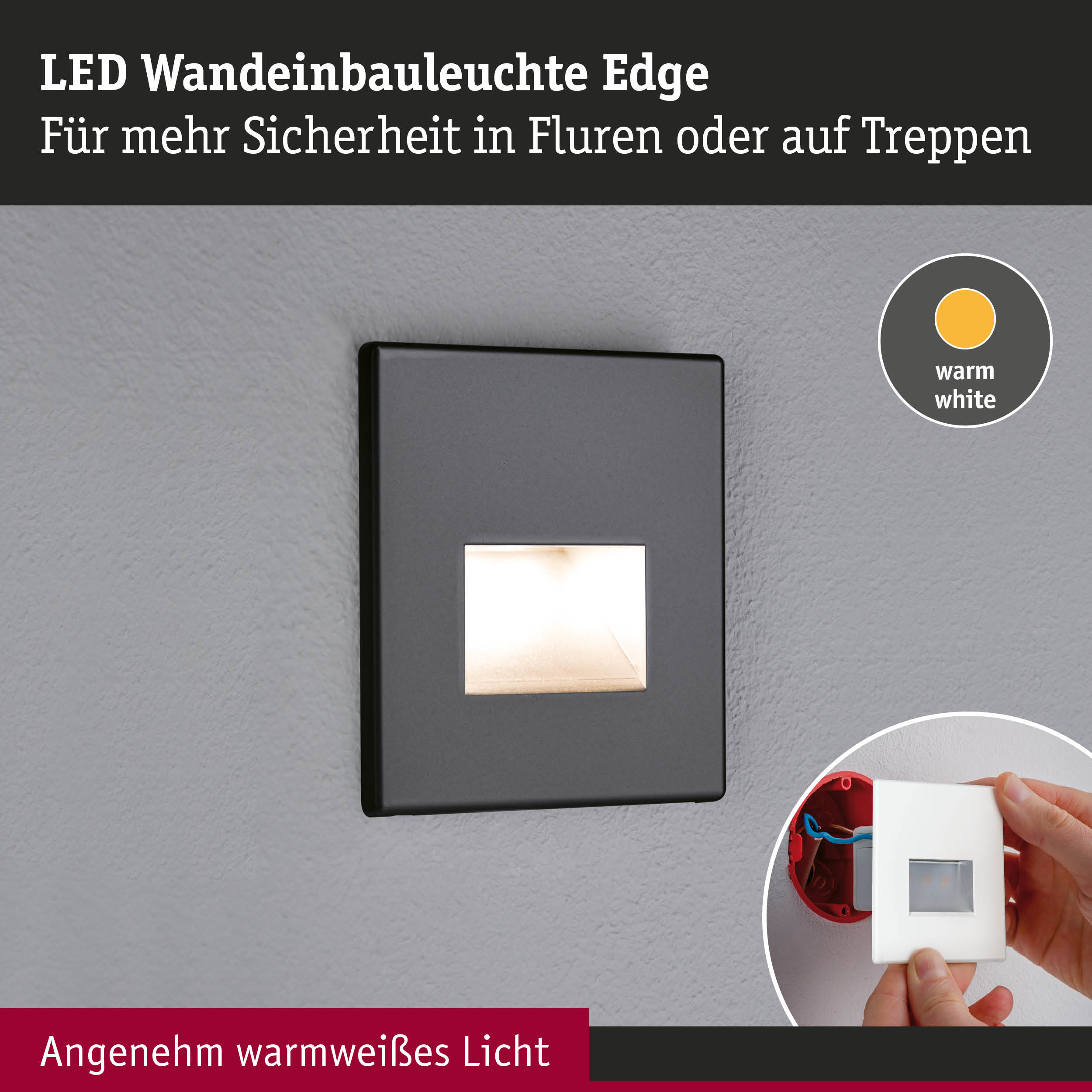 LED Wandeinbauleuchte Edge in Schwarz mit warmweißem Licht für mehr Sicherheit in Fluren und Treppen