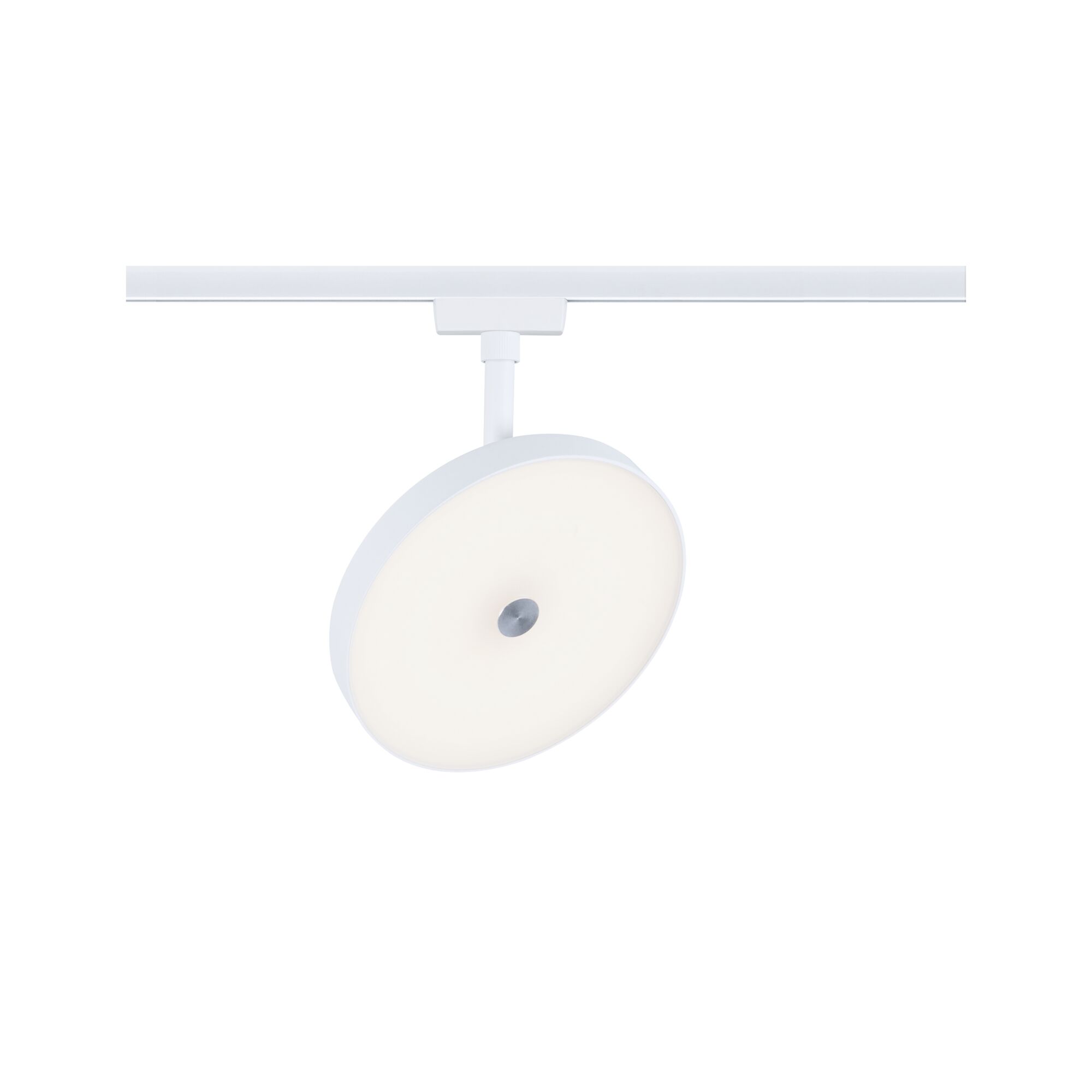 Round white LED track light with matte diffuser and metal accent for modern room lighting