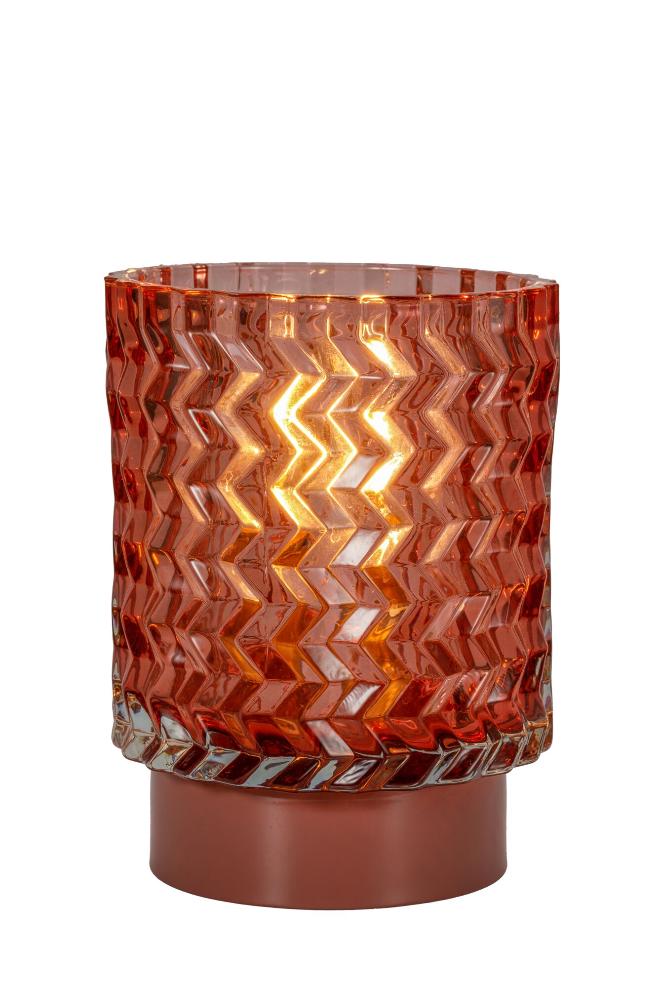 Orange glass table lamp with zigzag pattern and brown base for ambient lighting in interiors