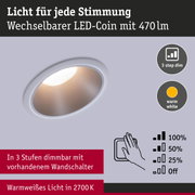 Weißer LED-Einbaustrahler mit warmweißem Licht 2700K und 3-stufiger Dimmung über Wandschalter