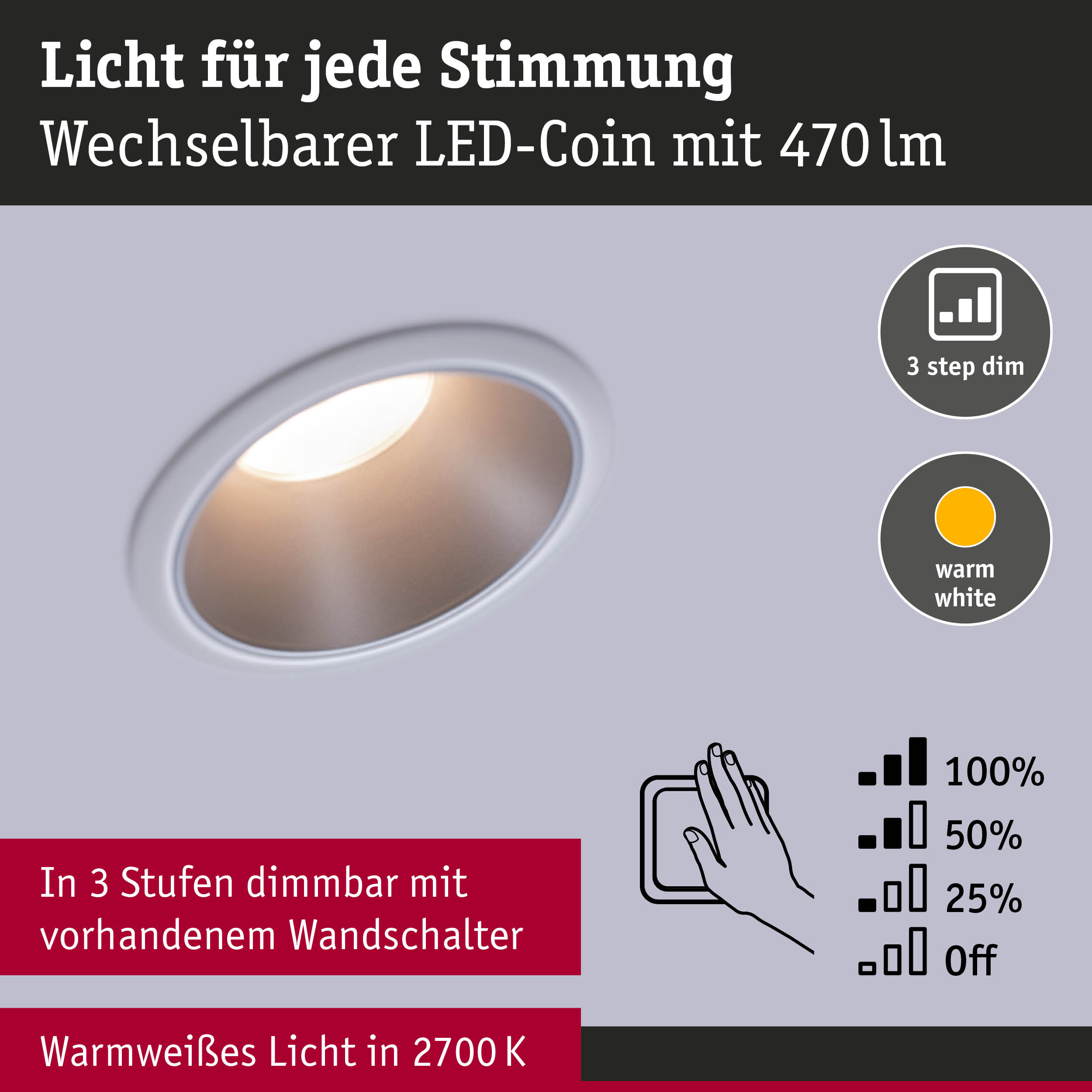 Weißer LED-Einbaustrahler mit warmweißem Licht 2700K und 3-stufiger Dimmung über Wandschalter
