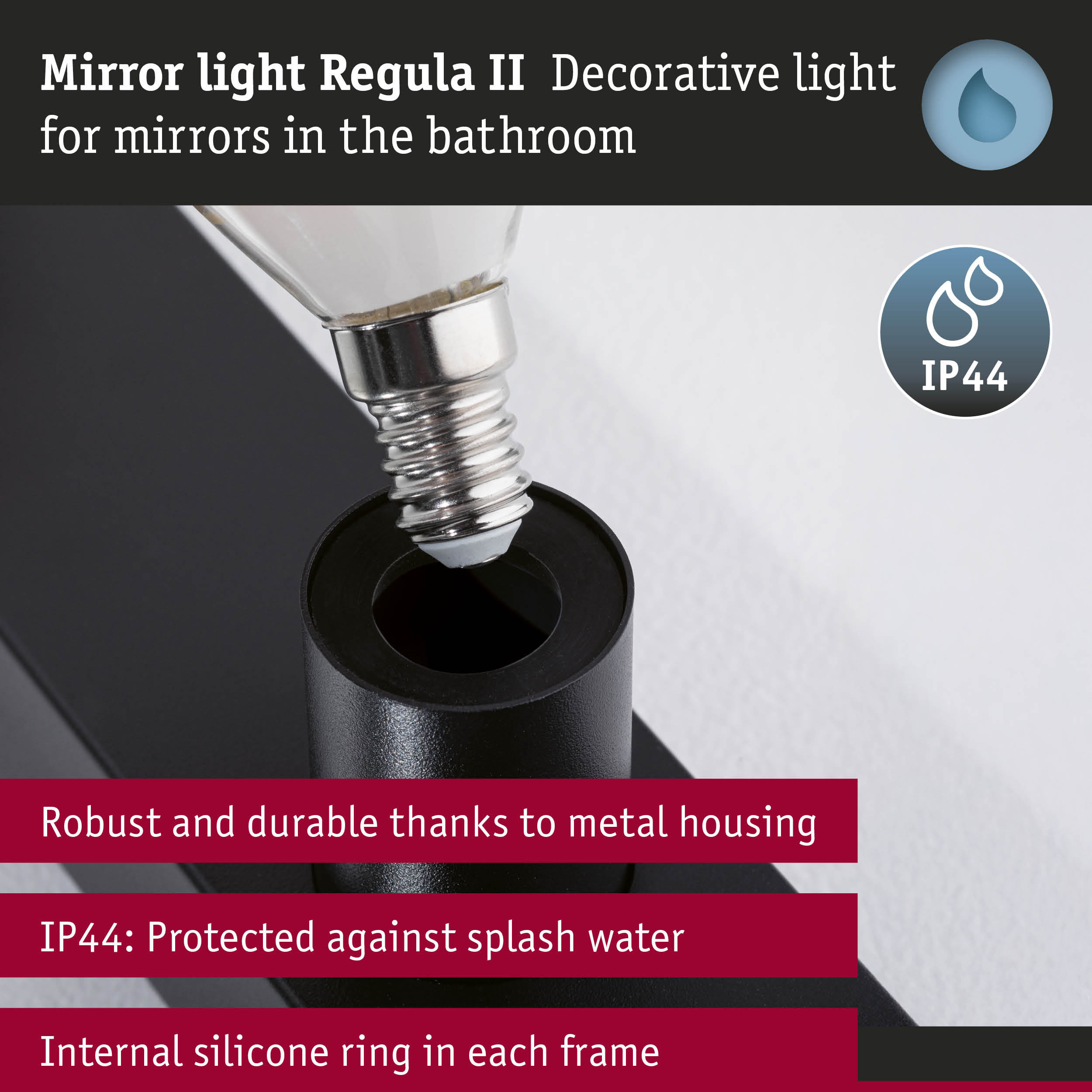 Set Mirror light Regula II including light source 3-lamp IP44 E14 2700K 3x470lm 230V 3x4,5W dimmable Black/Opal