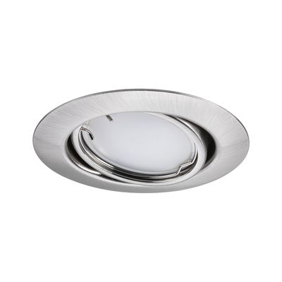 Spot rond en acier inoxydable brossé avec diffuseur blanc pour éclairage encastré moderne.