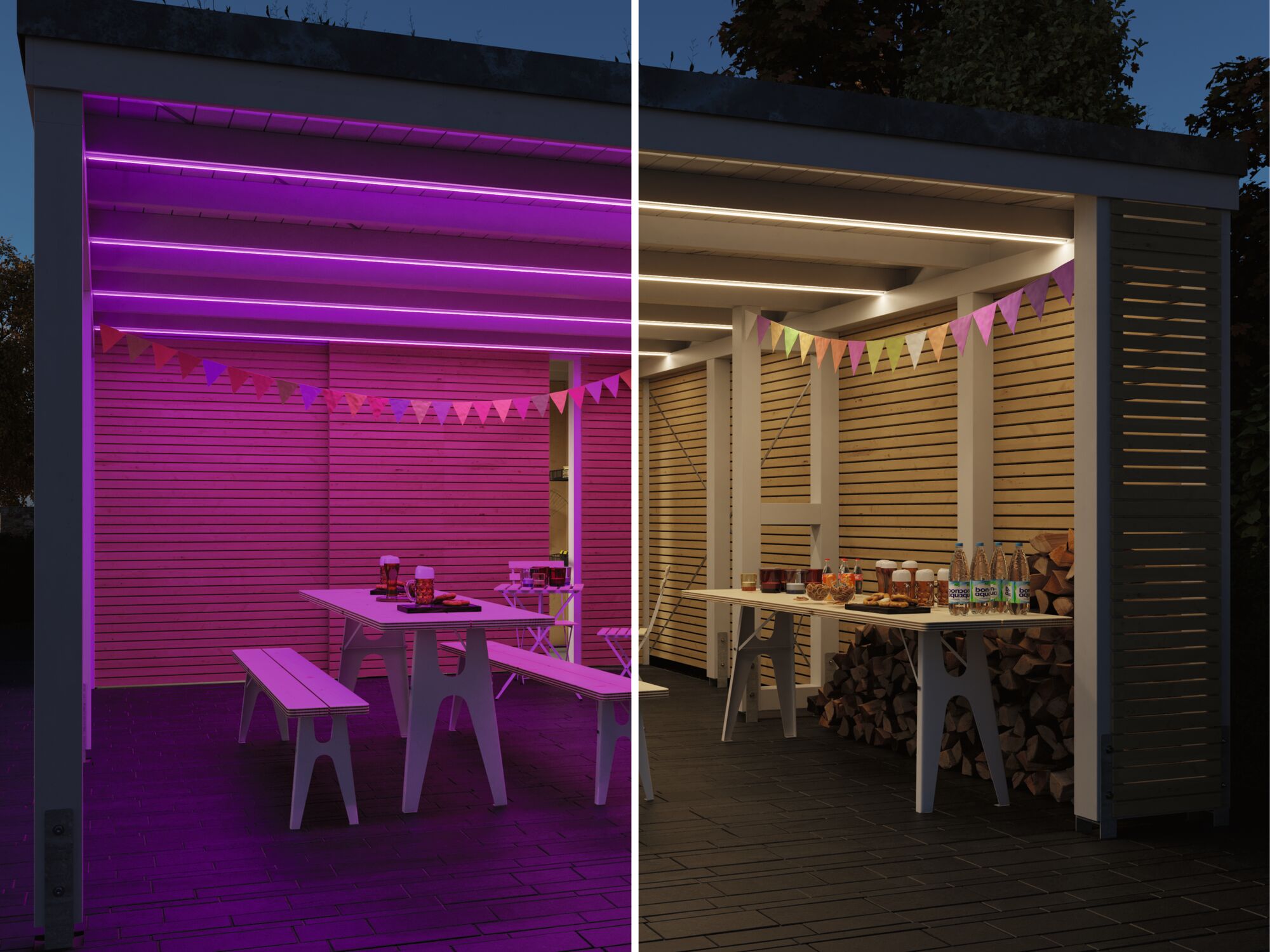 Comparison of warm white and violet LED ceiling lights in modern wooden shelter with table and benches