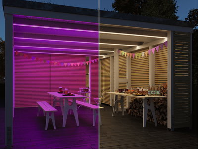 Comparison of warm white and violet LED ceiling lights in modern wooden shelter with table and benches