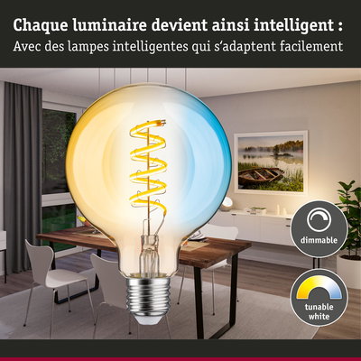 Ampoule dimmable avec lumière blanche réglable dans une salle à manger moderne avec meubles en bois et blanc