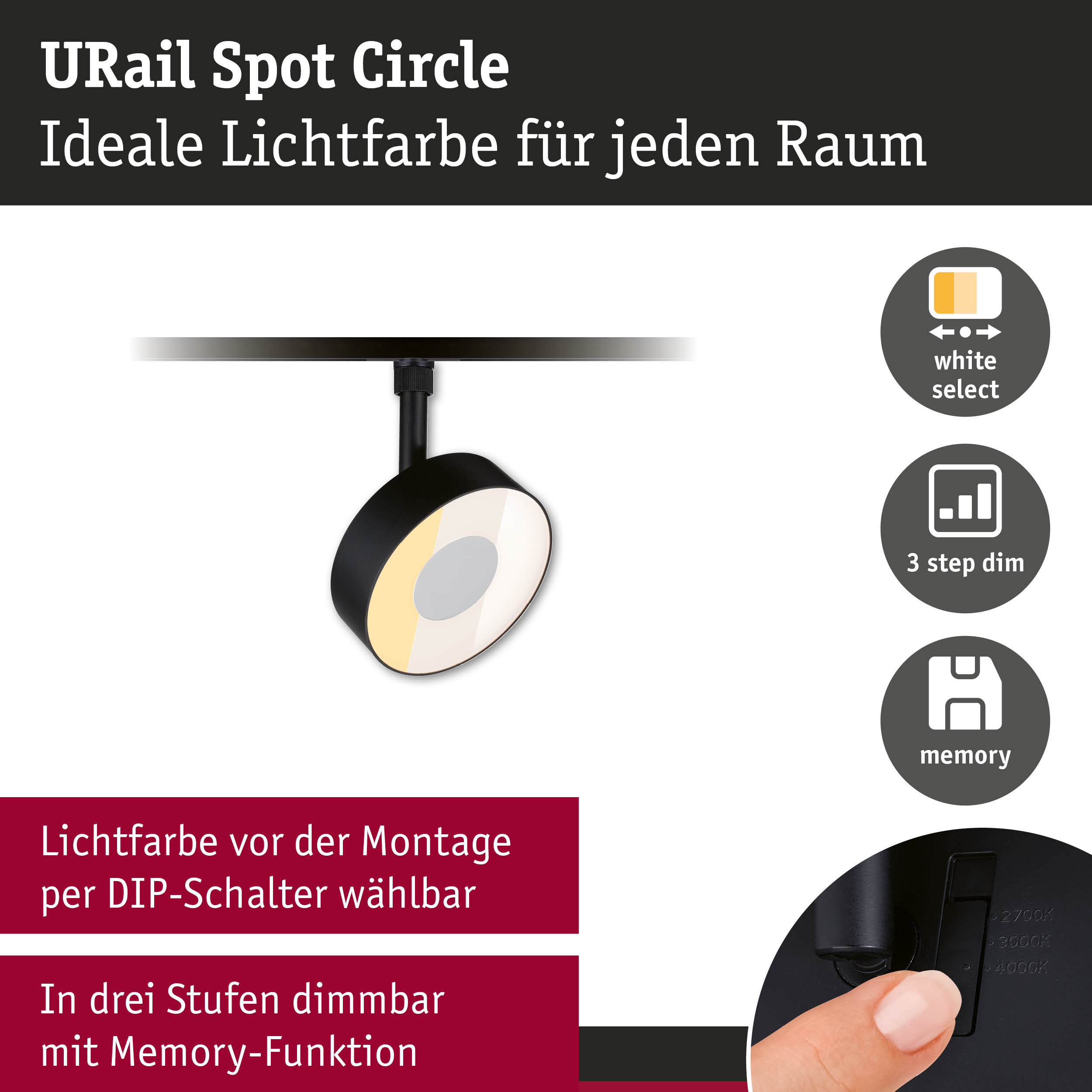 Schwarzer URail Spot Circle Strahler mit einstellbarer Lichtfarbe und 3-Stufen-Dimmfunktion für Wohnräume