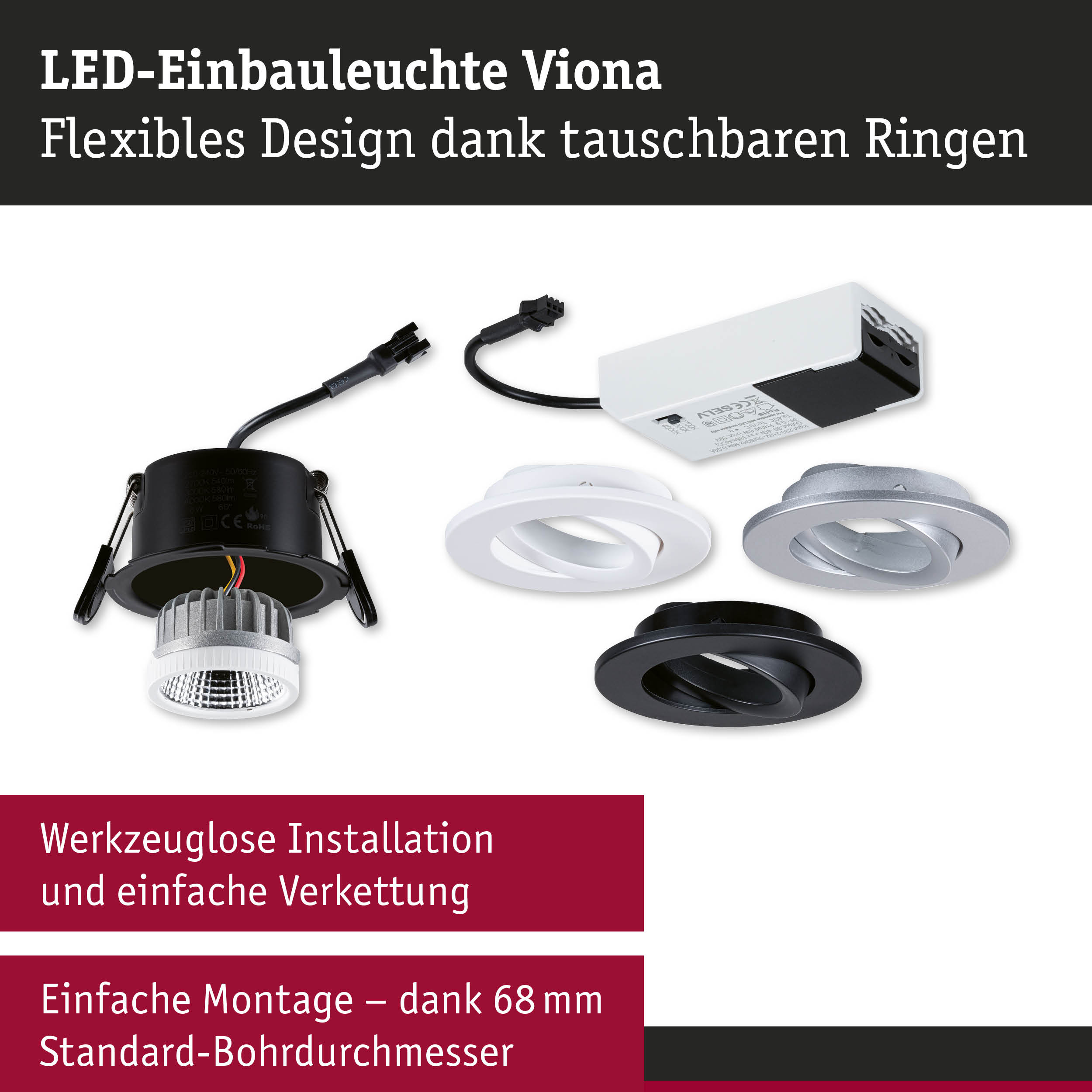LED-Einbauleuchte Viona mit schwarzem und weißem Gehäuse sowie austauschbaren Ringen für flexible Beleuchtung