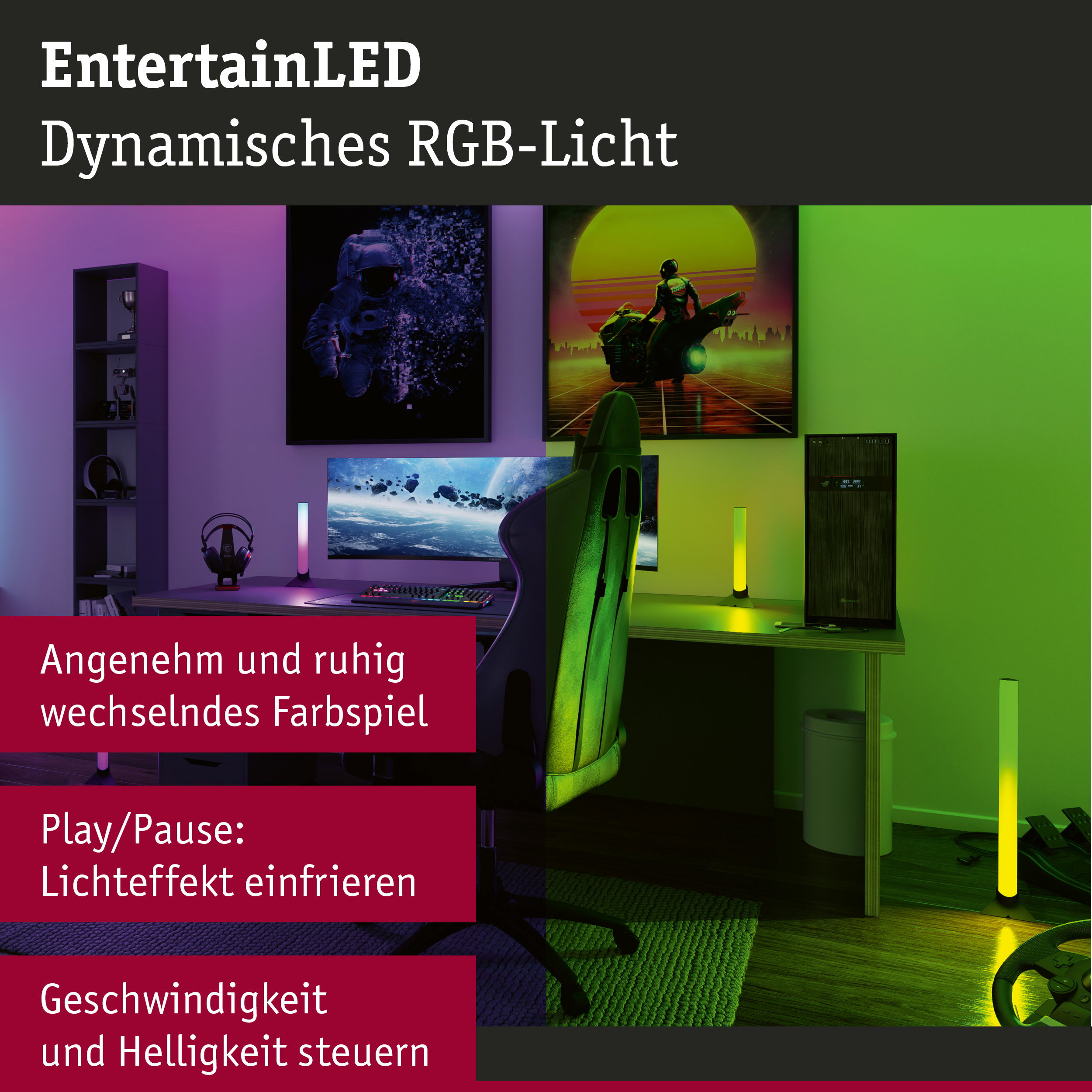 Gaming-Setup mit dynamischem RGB-LED-Licht in wechselnden Farben für atmosphärische Beleuchtung