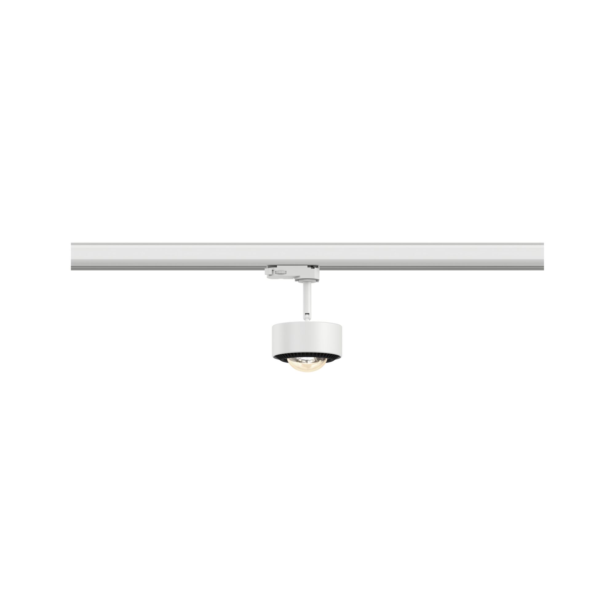 Weißer LED-Strahler aus Metall an Schienensystem für flexible Raumbeleuchtung