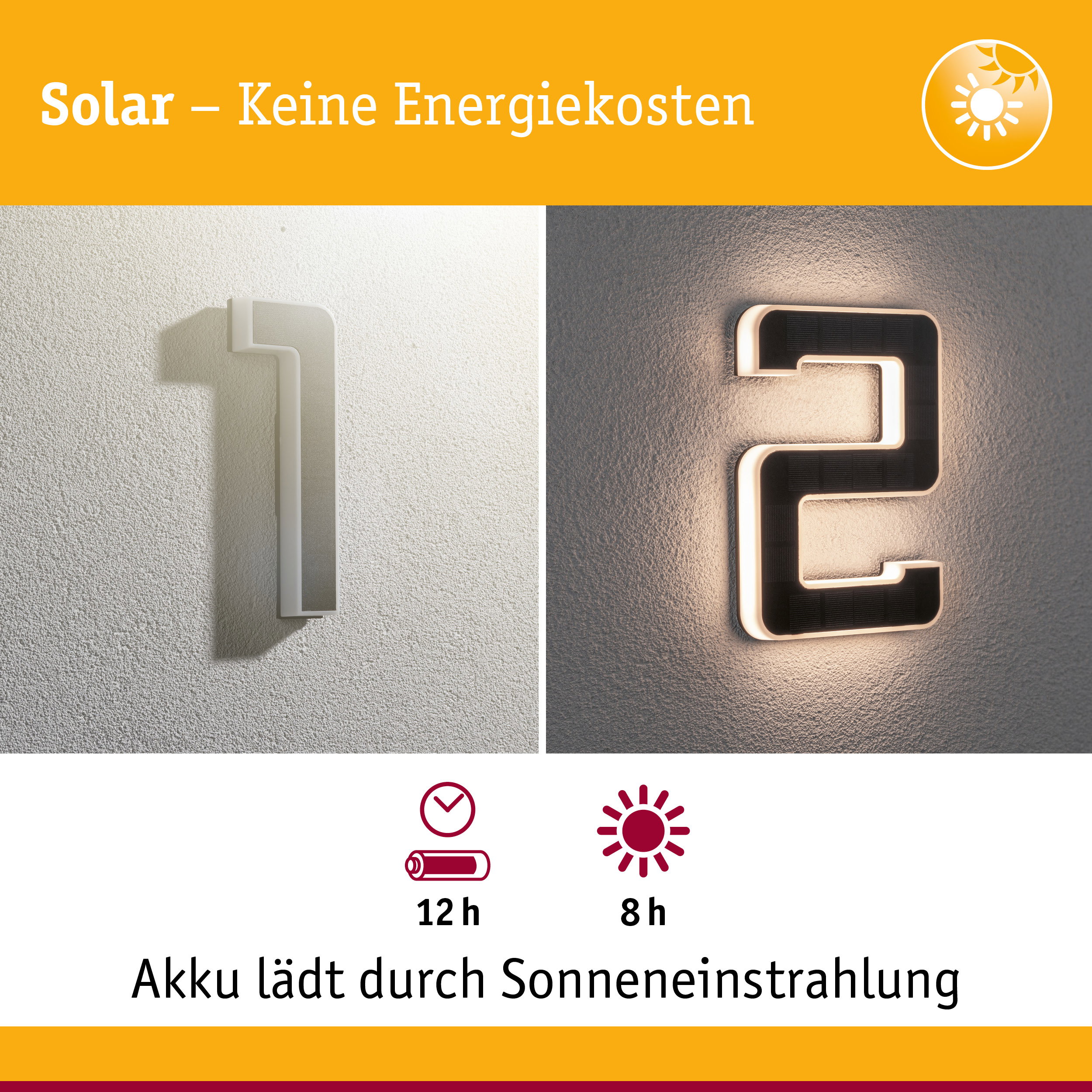 Solarbetriebene Hausnummer mit weißem Rahmen und LED-Beleuchtung für energiesparende Außenbeleuchtung