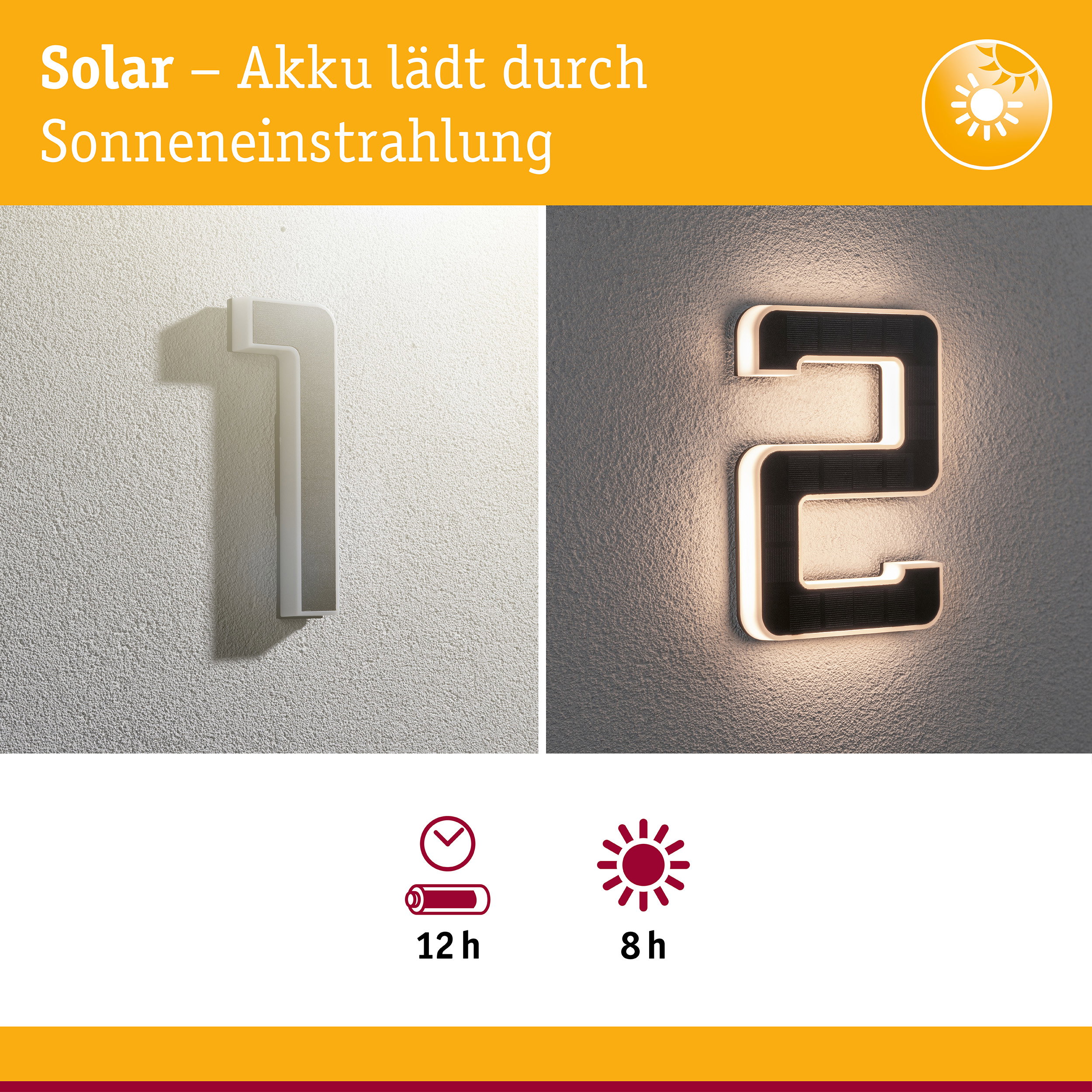 Solarbetriebene Hausnummer mit weißem Rahmen und LED-Beleuchtung für energiesparende Außenbeleuchtung