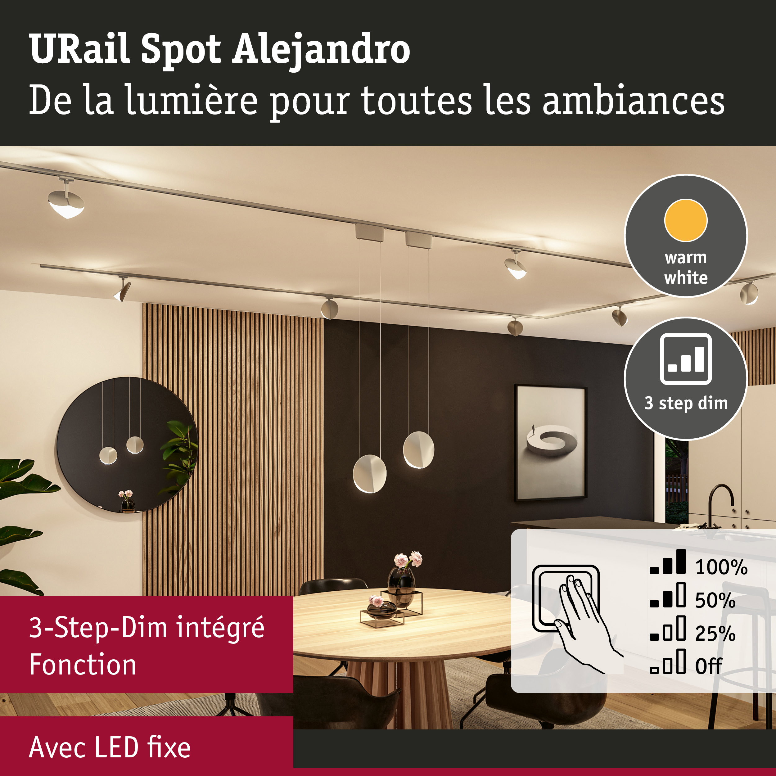 Spot LED URail Alejandro en blanc chaud avec fonction de gradation 3 étapes pour pièces à vivre