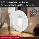 White LED recessed wall luminaire with motion sensor and 2-metre detection range for decorative wall lighting