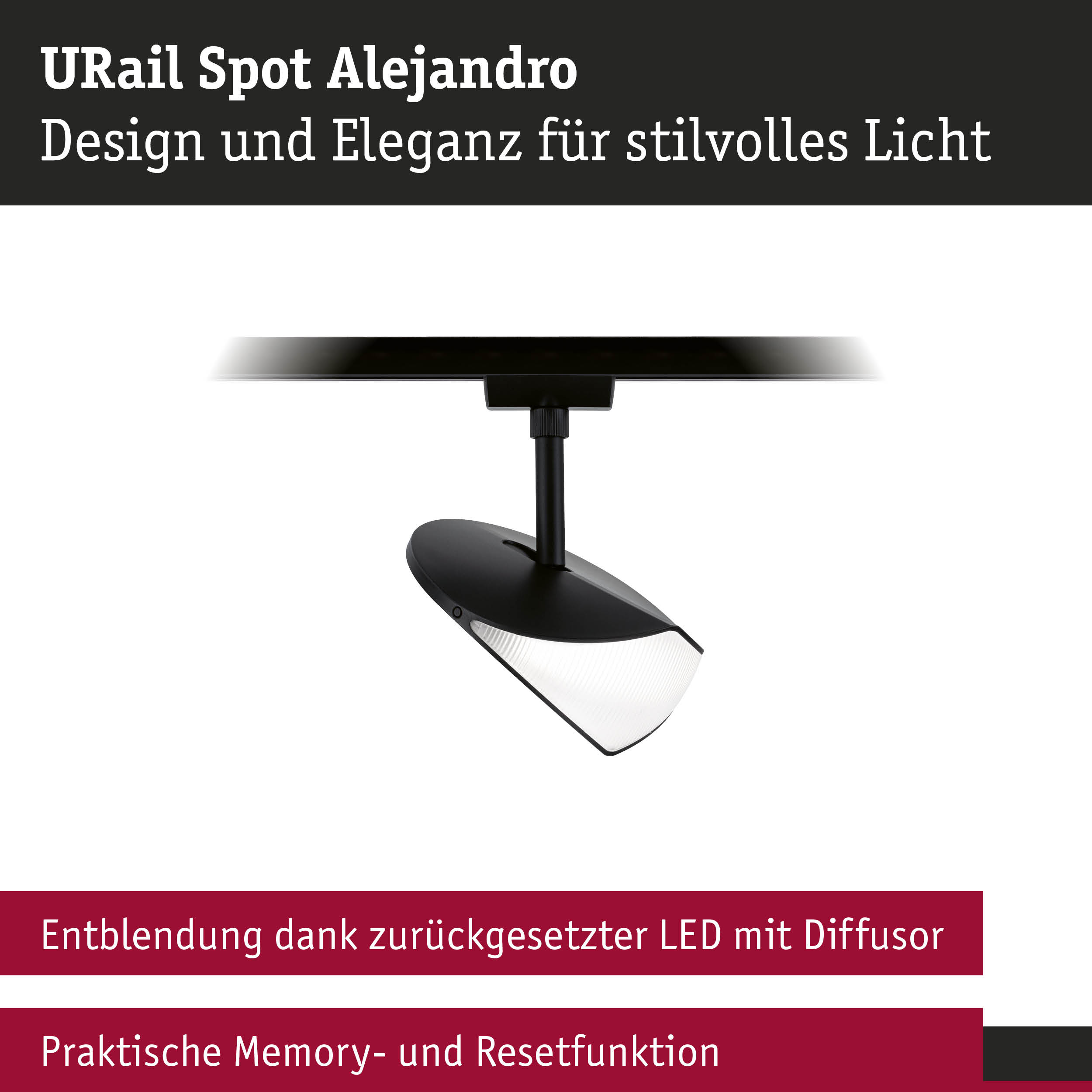 Schwarzer URail Spot Alejandro LED-Strahler mit Diffusor und Memory-Funktion für stilvolles Licht