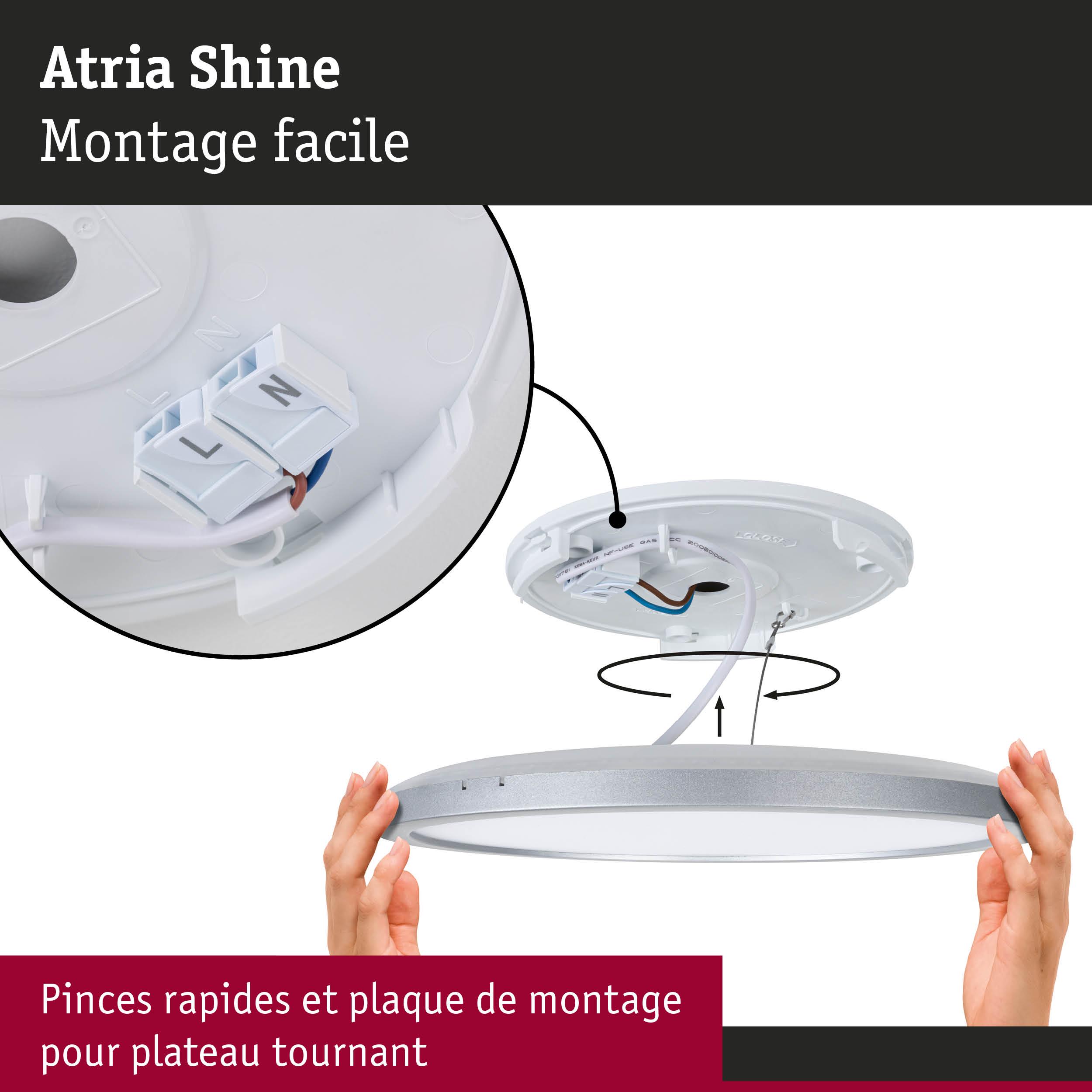Montage facile du plafonnier LED Atria Shine en plastique blanc avec bord argenté, pinces rapides et plaque de montage