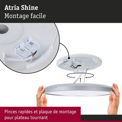 Montage facile du plafonnier LED Atria Shine en plastique blanc avec bord argenté, pinces rapides et plaque de montage