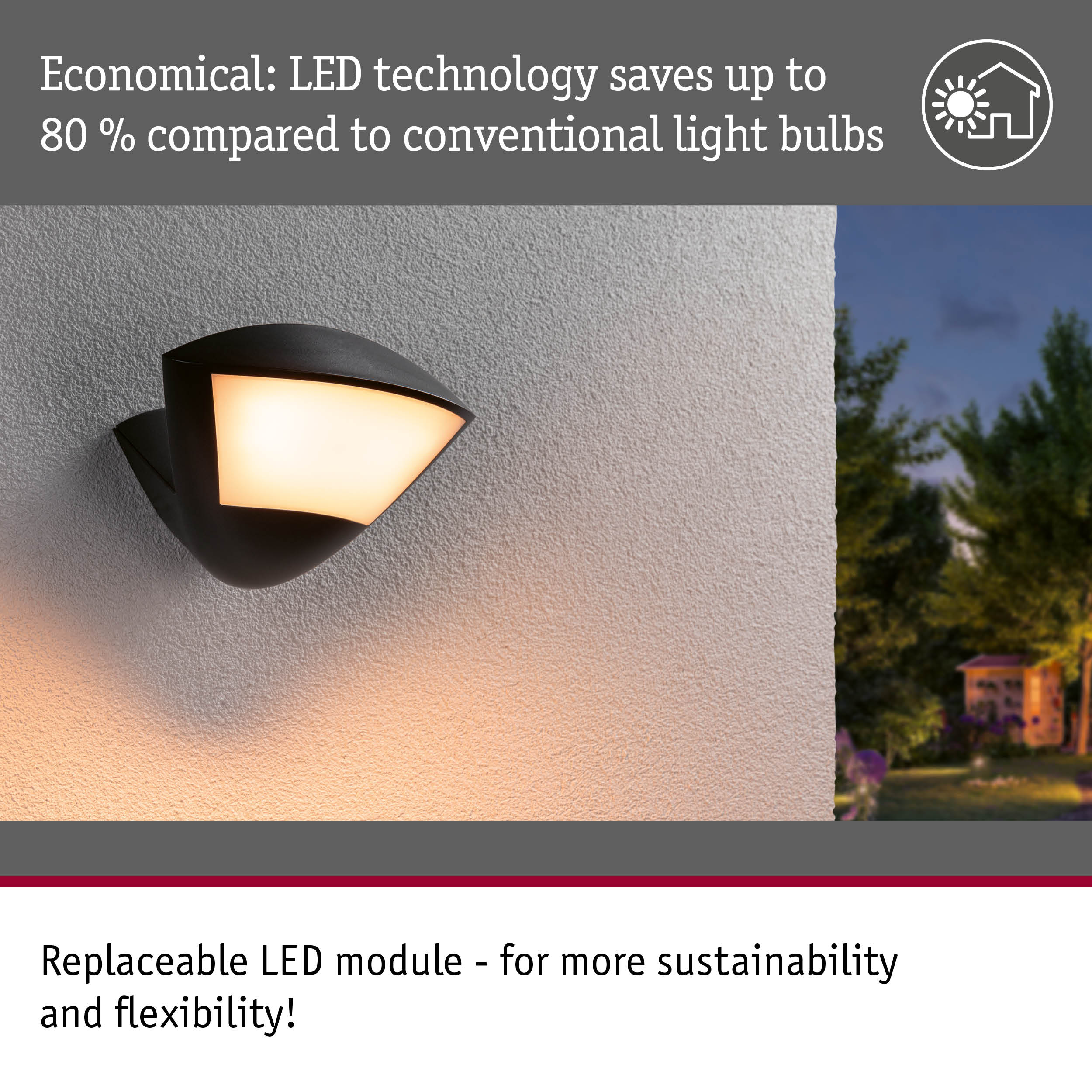 Black LED outdoor wall light with warm white glow on white wall for energy-saving exterior lighting