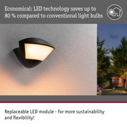 Black LED outdoor wall light with warm white glow on white wall for energy-saving exterior lighting