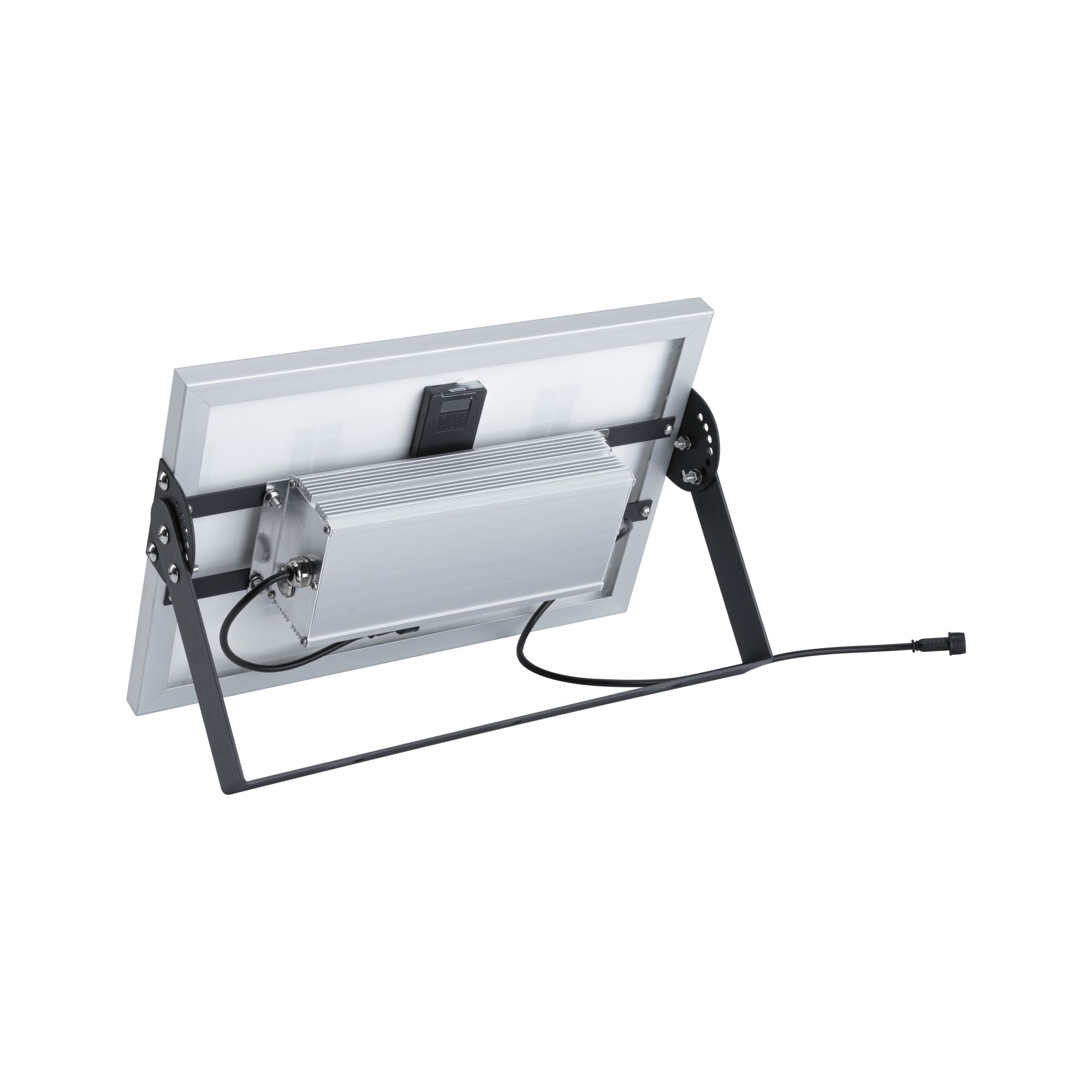 Achteraanzicht van zilveren LED-schijnwerper met aluminium behuizing en zwarte metalen standaard