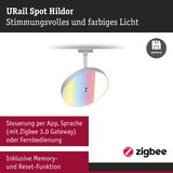 URail Spot Hildor Deckenstrahler in Silber mit farbigem Licht und Zigbee Steuerung per App und Sprache